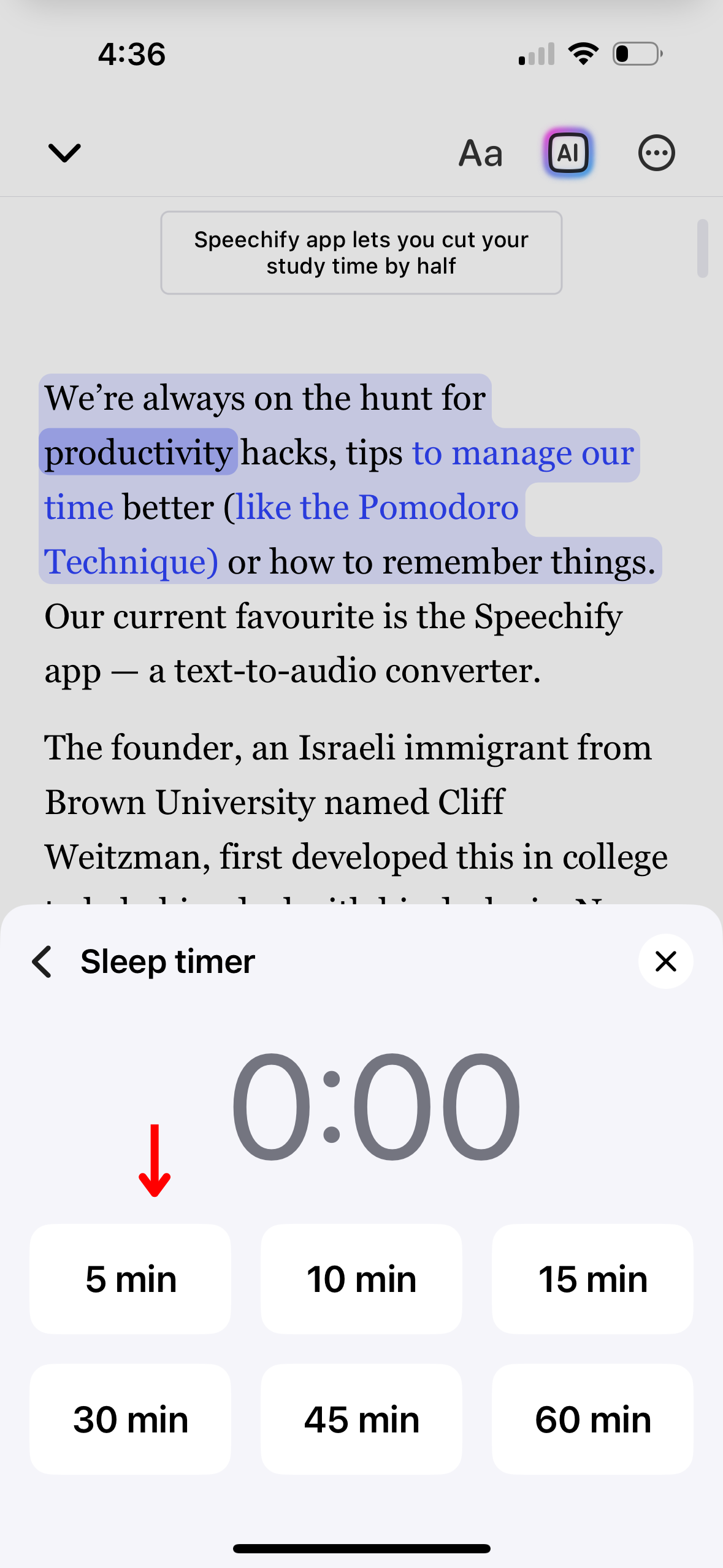 How to Adjust Sleep Timer on the Speechify iOS App